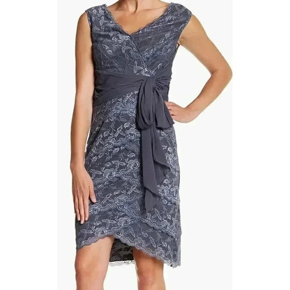 Marina Women's Short Multi Tiered Lace Dress, Gunmetal, 4 - Picture 1 of 2